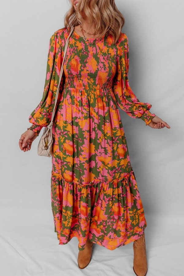 Maxi Dresses | Women Orange Floral Puff Sleeve Smocked Bodice Frill Tiered Dress
