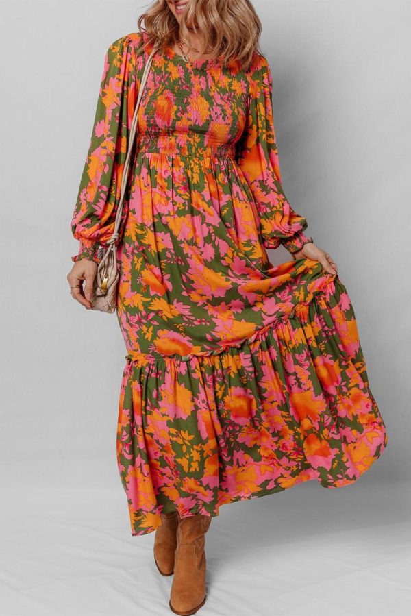 Maxi Dresses | Women Orange Floral Puff Sleeve Smocked Bodice Frill Tiered Dress - Image 2