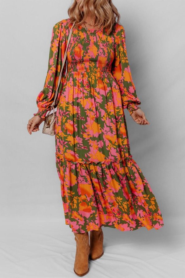 Maxi Dresses | Women Orange Floral Puff Sleeve Smocked Bodice Frill Tiered Dress - Image 3