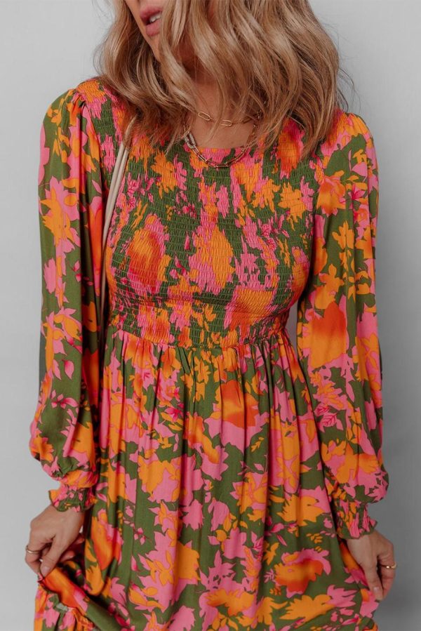 Maxi Dresses | Women Orange Floral Puff Sleeve Smocked Bodice Frill Tiered Dress - Image 4