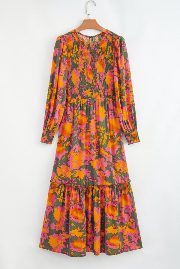Maxi Dresses | Women Orange Floral Puff Sleeve Smocked Bodice Frill Tiered Dress - Image 5