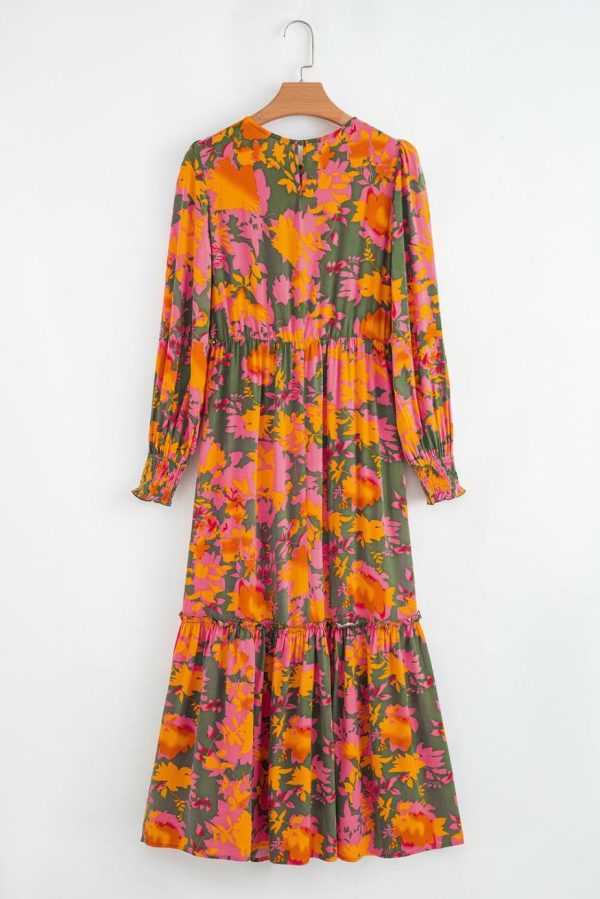 Maxi Dresses | Women Orange Floral Puff Sleeve Smocked Bodice Frill Tiered Dress - Image 6