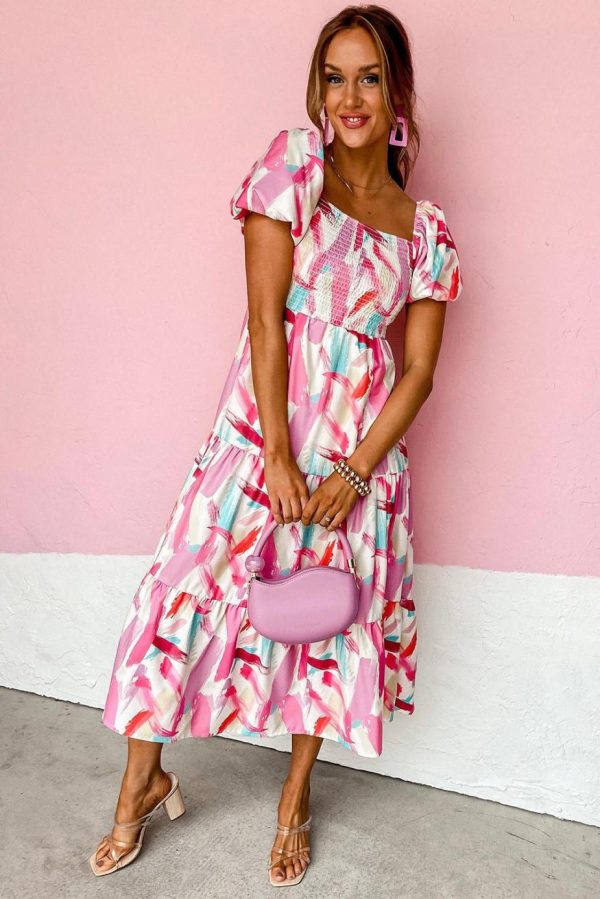 Maxi Dresses | Women Pink Brush Stroke Printed Smocked Ruffle Tiered Dress
