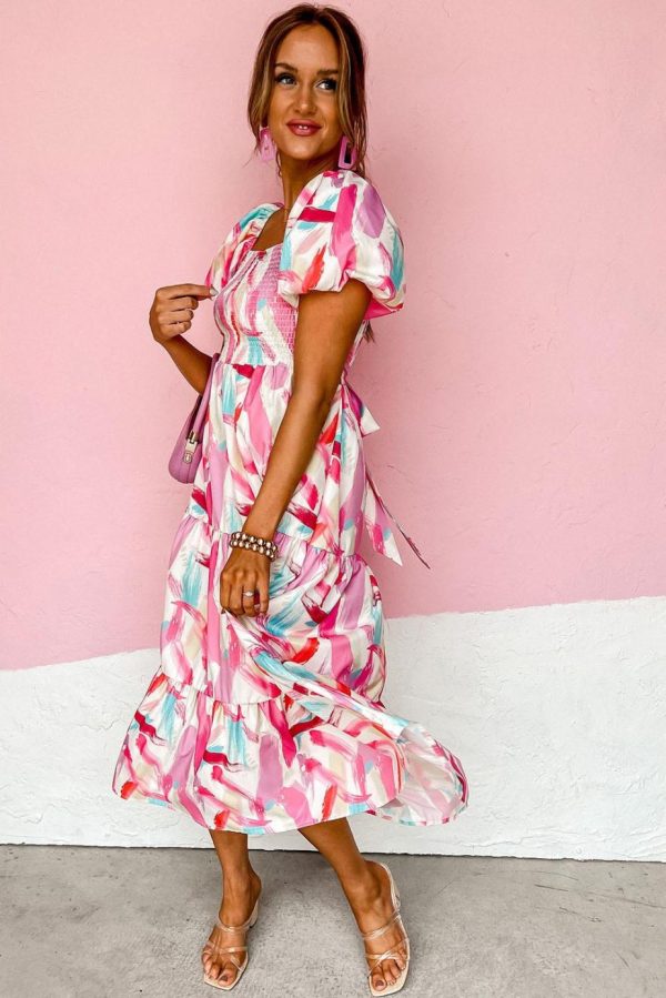 Maxi Dresses | Women Pink Brush Stroke Printed Smocked Ruffle Tiered Dress - Image 2