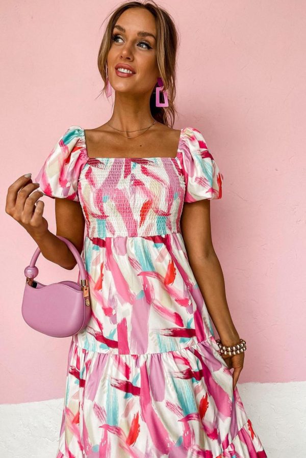 Maxi Dresses | Women Pink Brush Stroke Printed Smocked Ruffle Tiered Dress - Image 4