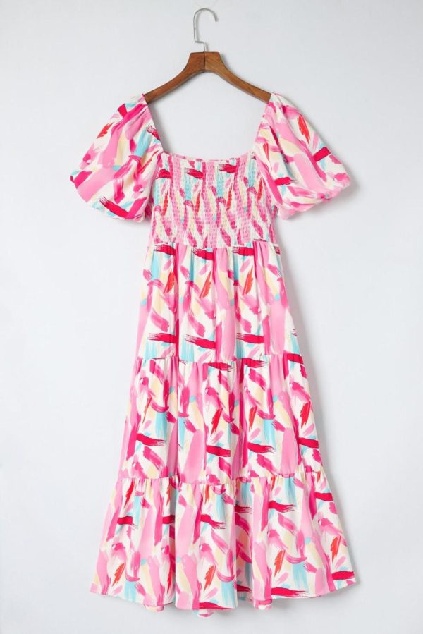Maxi Dresses | Women Pink Brush Stroke Printed Smocked Ruffle Tiered Dress - Image 6