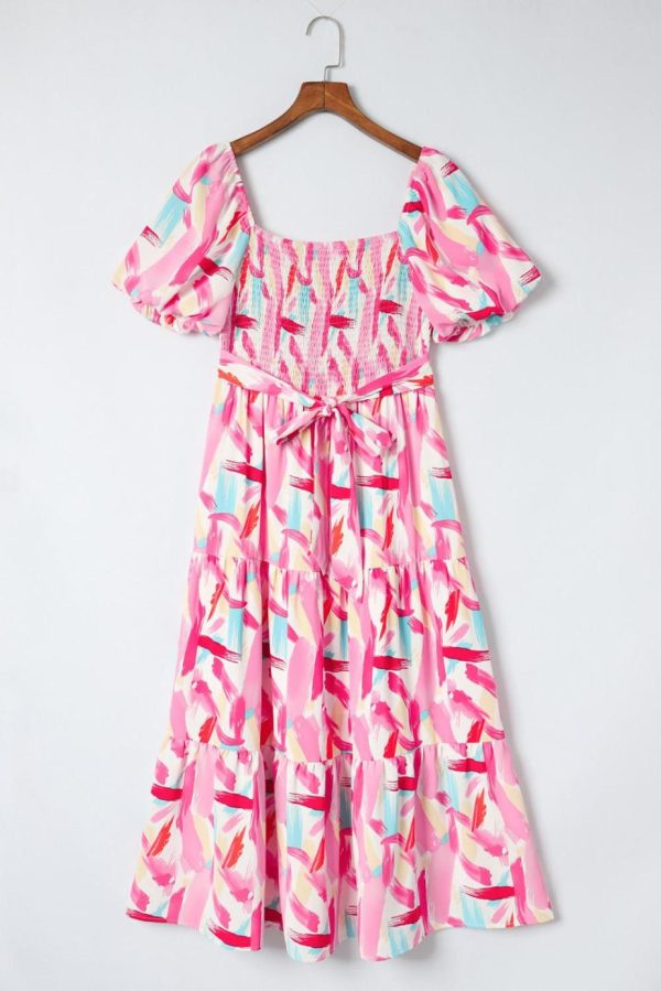 Maxi Dresses | Women Pink Brush Stroke Printed Smocked Ruffle Tiered Dress - Image 7