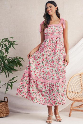 Maxi Dresses | Women Pink Floral Lace Tied Strap Empire Waist Maxi Dress