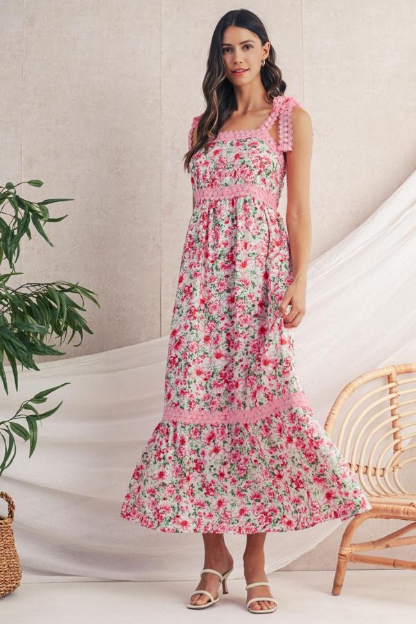 Maxi Dresses | Women Pink Floral Lace Tied Strap Empire Waist Maxi Dress - Image 2