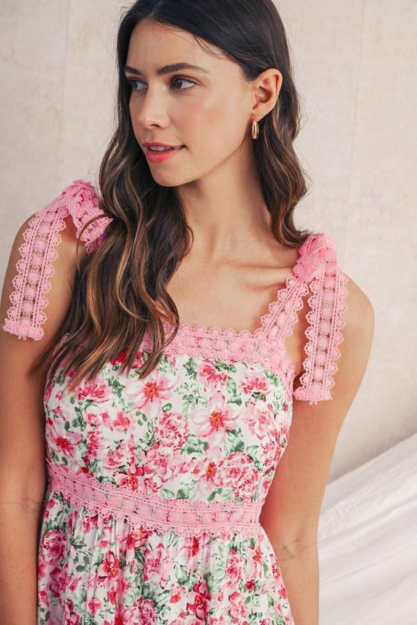 Maxi Dresses | Women Pink Floral Lace Tied Strap Empire Waist Maxi Dress - Image 3