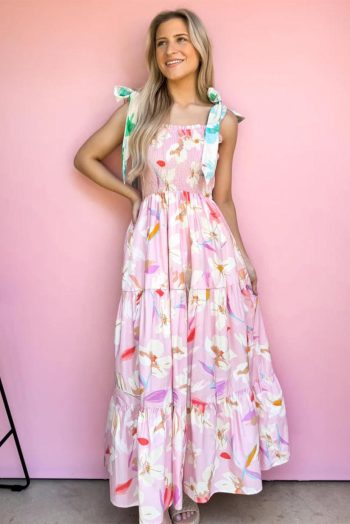Maxi Dresses | Women Pink Floral Print Knotted Shoulder Smocked Maxi Dress