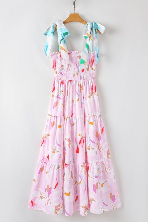 Maxi Dresses | Women Pink Floral Print Knotted Shoulder Smocked Maxi Dress - Image 2