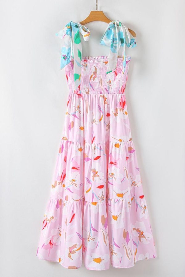 Maxi Dresses | Women Pink Floral Print Knotted Shoulder Smocked Maxi Dress - Image 3