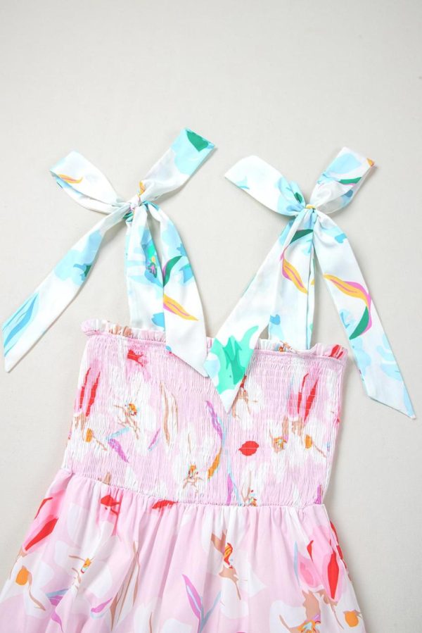 Maxi Dresses | Women Pink Floral Print Knotted Shoulder Smocked Maxi Dress - Image 6