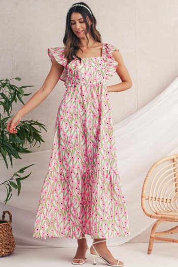 Maxi Dresses | Women Pink Floral Print Square Neck Ruffled Strap Maxi Dress