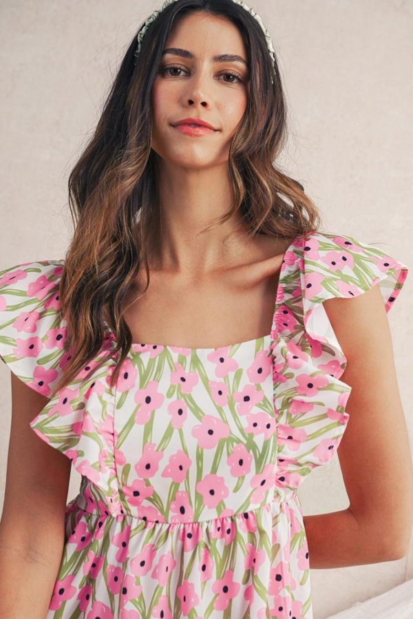 Maxi Dresses | Women Pink Floral Print Square Neck Ruffled Strap Maxi Dress - Image 3