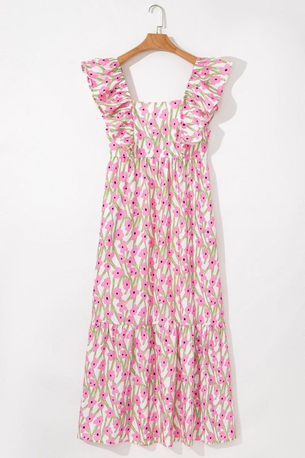 Maxi Dresses | Women Pink Floral Print Square Neck Ruffled Strap Maxi Dress - Image 4