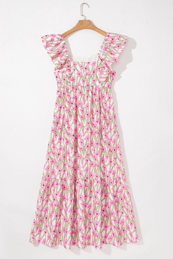 Maxi Dresses | Women Pink Floral Print Square Neck Ruffled Strap Maxi Dress - Image 5