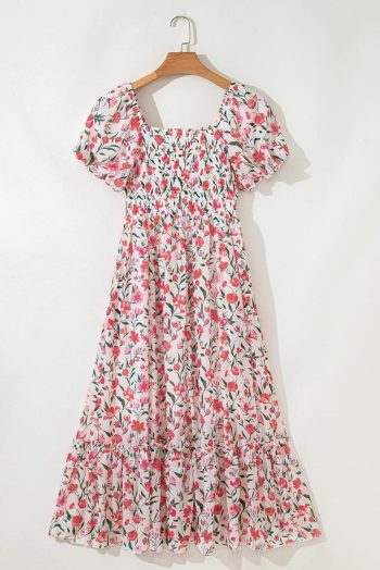 Maxi Dresses | Women Pink Floral Puff Sleeve Square Neck Empire Waist Tiered Maxi Dress