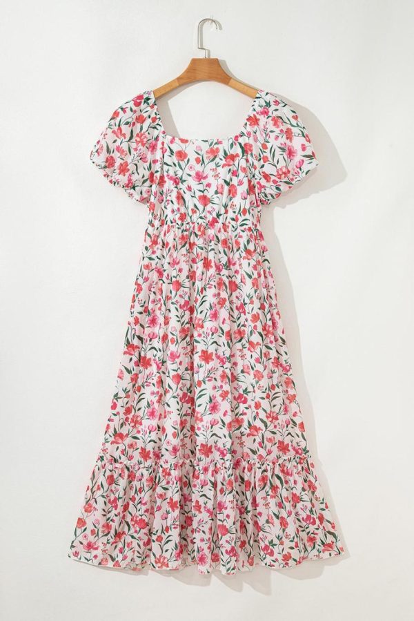 Maxi Dresses | Women Pink Floral Puff Sleeve Square Neck Empire Waist Tiered Maxi Dress - Image 2