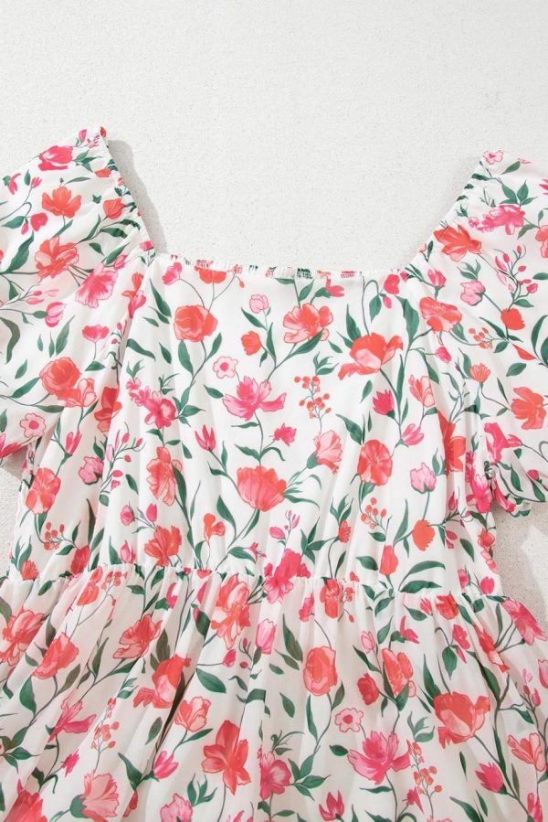 Maxi Dresses | Women Pink Floral Puff Sleeve Square Neck Empire Waist Tiered Maxi Dress - Image 3