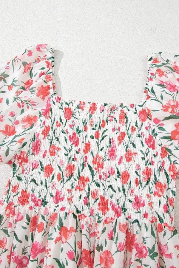 Maxi Dresses | Women Pink Floral Puff Sleeve Square Neck Empire Waist Tiered Maxi Dress - Image 5