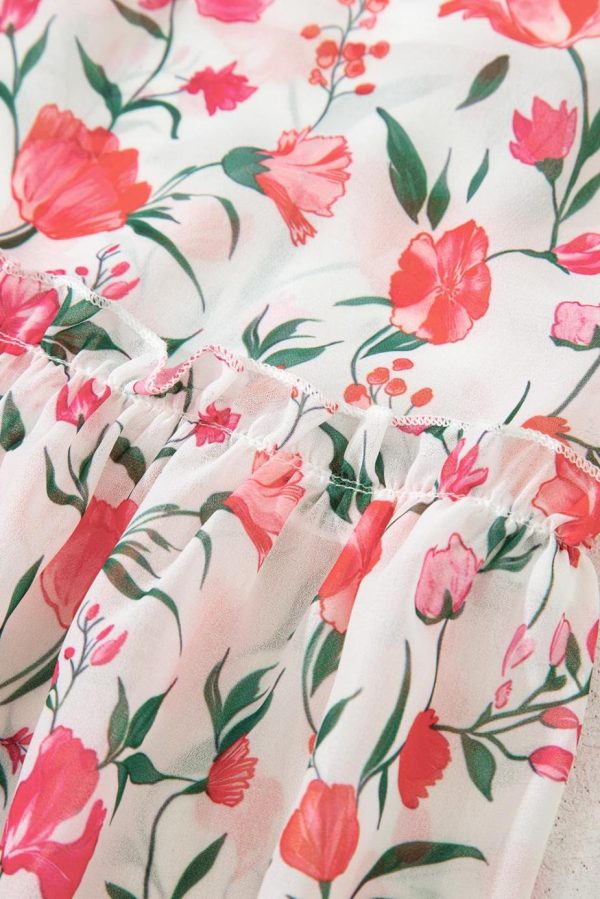 Maxi Dresses | Women Pink Floral Puff Sleeve Square Neck Empire Waist Tiered Maxi Dress - Image 7
