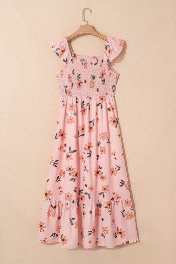 Maxi Dresses | Women Pink Floral V Neck Smocked High Waist Ruffle Hem Maxi Dress