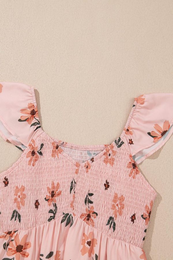 Maxi Dresses | Women Pink Floral V Neck Smocked High Waist Ruffle Hem Maxi Dress - Image 2