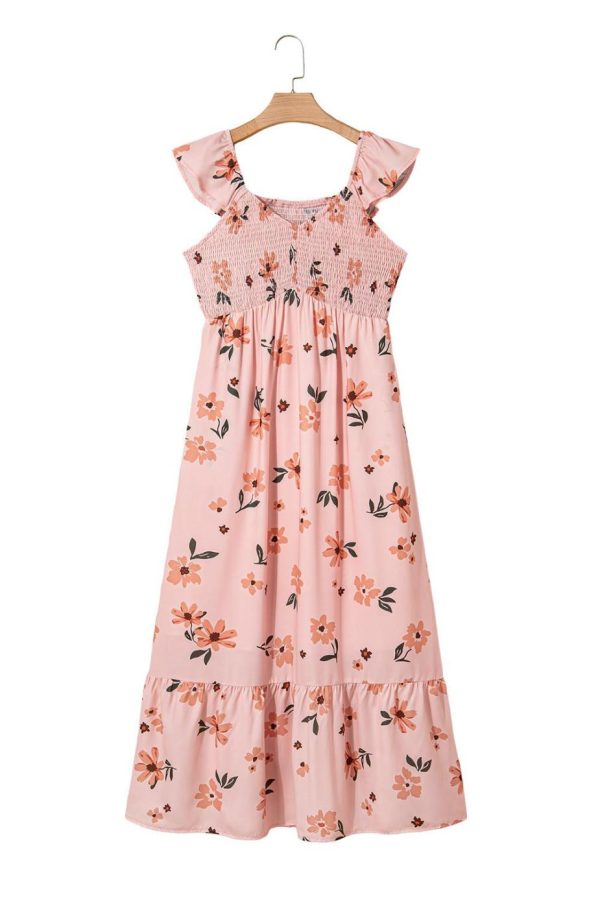 Maxi Dresses | Women Pink Floral V Neck Smocked High Waist Ruffle Hem Maxi Dress - Image 7