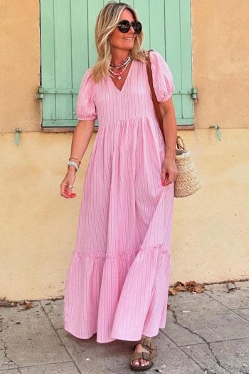 Maxi Dresses | Women Pink Striped V Neck Puff Sleeve Frill Tiered Maxi Dress
