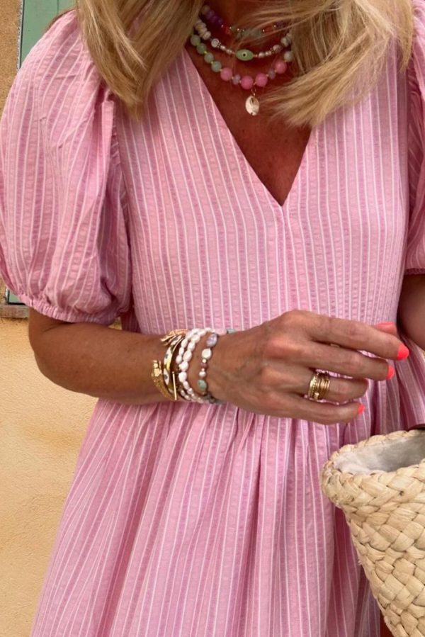 Maxi Dresses | Women Pink Striped V Neck Puff Sleeve Frill Tiered Maxi Dress - Image 2
