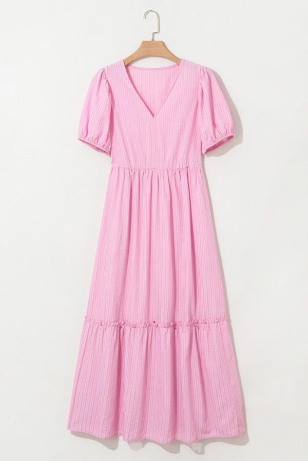 Maxi Dresses | Women Pink Striped V Neck Puff Sleeve Frill Tiered Maxi Dress - Image 3