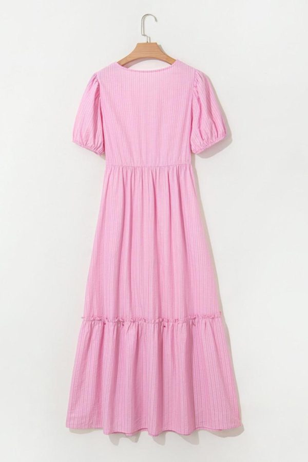 Maxi Dresses | Women Pink Striped V Neck Puff Sleeve Frill Tiered Maxi Dress - Image 4