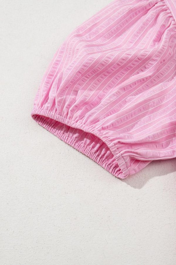 Maxi Dresses | Women Pink Striped V Neck Puff Sleeve Frill Tiered Maxi Dress - Image 7