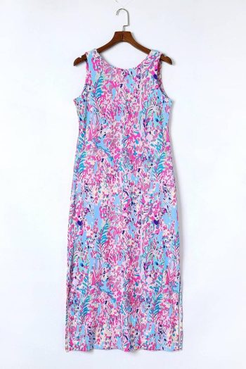 Maxi Dresses | Women Purple Abstract Print Side Splits Round Neck Sleeveless Maxi Dress