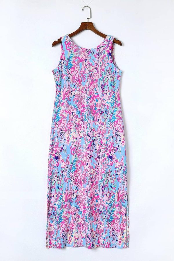 Maxi Dresses | Women Purple Abstract Print Side Splits Round Neck Sleeveless Maxi Dress
