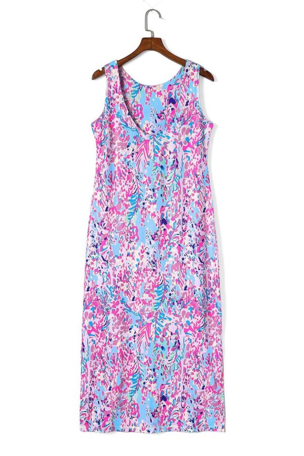 Maxi Dresses | Women Purple Abstract Print Side Splits Round Neck Sleeveless Maxi Dress - Image 6