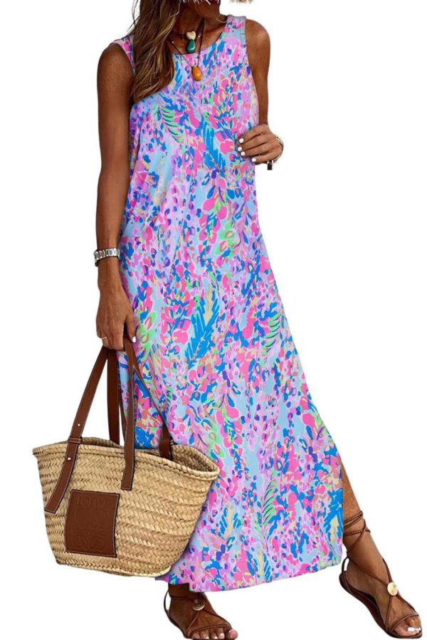 Maxi Dresses | Women Purple Abstract Print Side Splits Round Neck Sleeveless Maxi Dress - Image 7