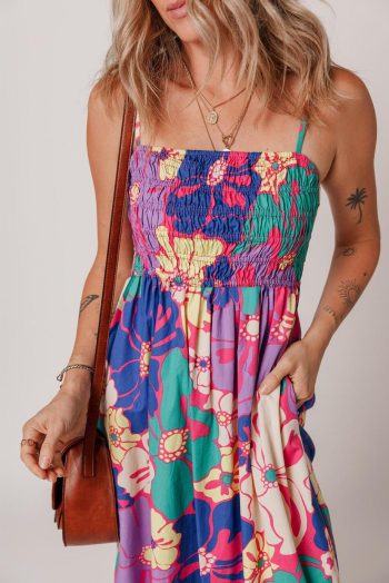 Maxi Dresses | Women Purple Floral Print Shirred Spaghetti Strap Loose Maxi Dress