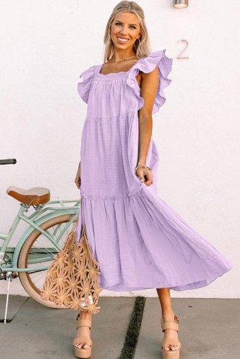Maxi Dresses | Women Purple Ruffled Flutter Sleeve Square Neck Textured Tiered Maxi Dress