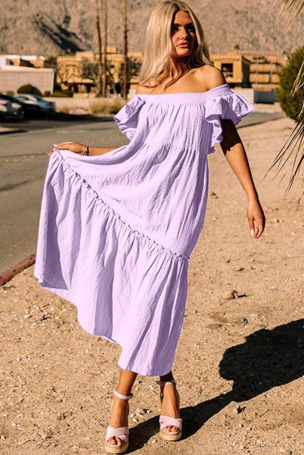 Maxi Dresses | Women Purple Ruffled Flutter Sleeve Square Neck Textured Tiered Maxi Dress - Image 2