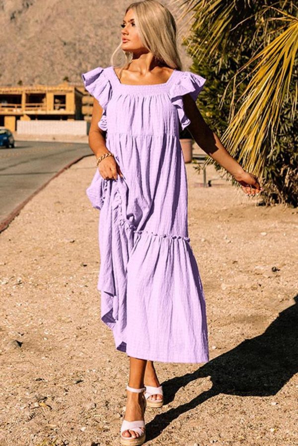 Maxi Dresses | Women Purple Ruffled Flutter Sleeve Square Neck Textured Tiered Maxi Dress - Image 3