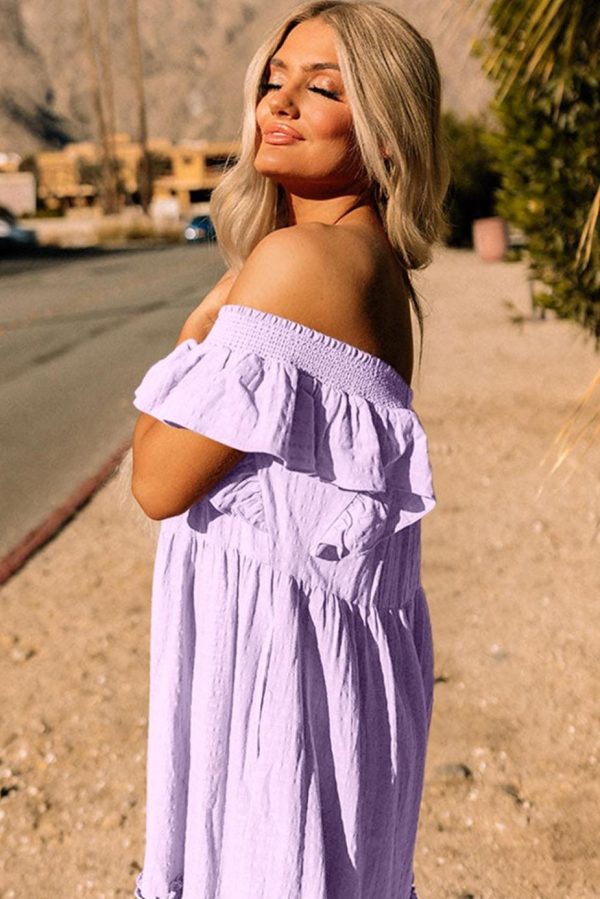 Maxi Dresses | Women Purple Ruffled Flutter Sleeve Square Neck Textured Tiered Maxi Dress - Image 4