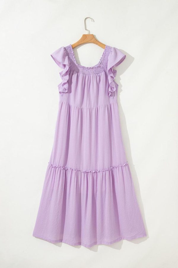 Maxi Dresses | Women Purple Ruffled Flutter Sleeve Square Neck Textured Tiered Maxi Dress - Image 5