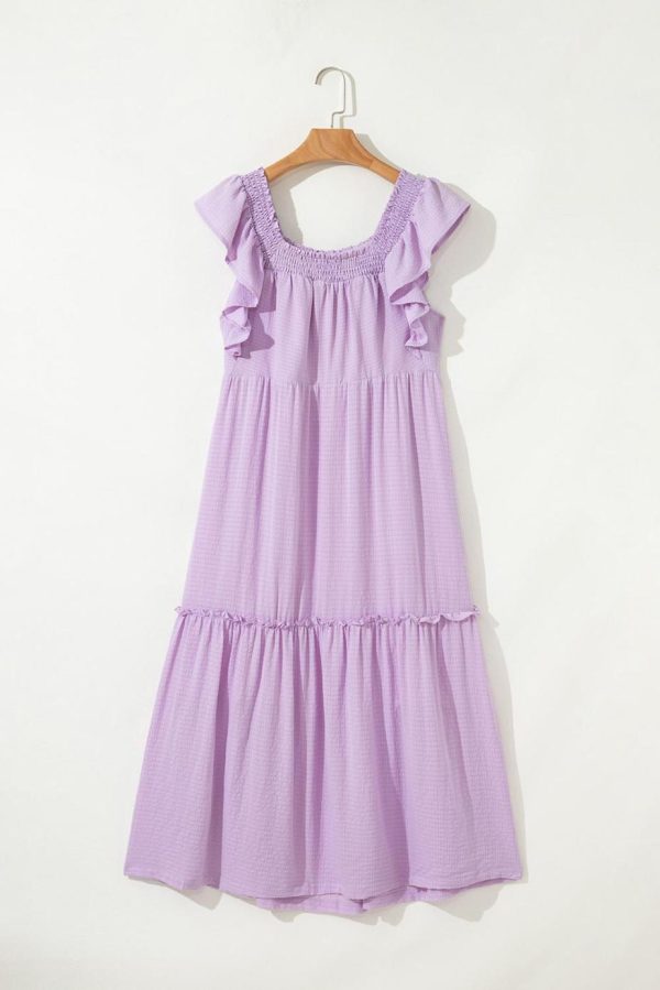 Maxi Dresses | Women Purple Ruffled Flutter Sleeve Square Neck Textured Tiered Maxi Dress - Image 6