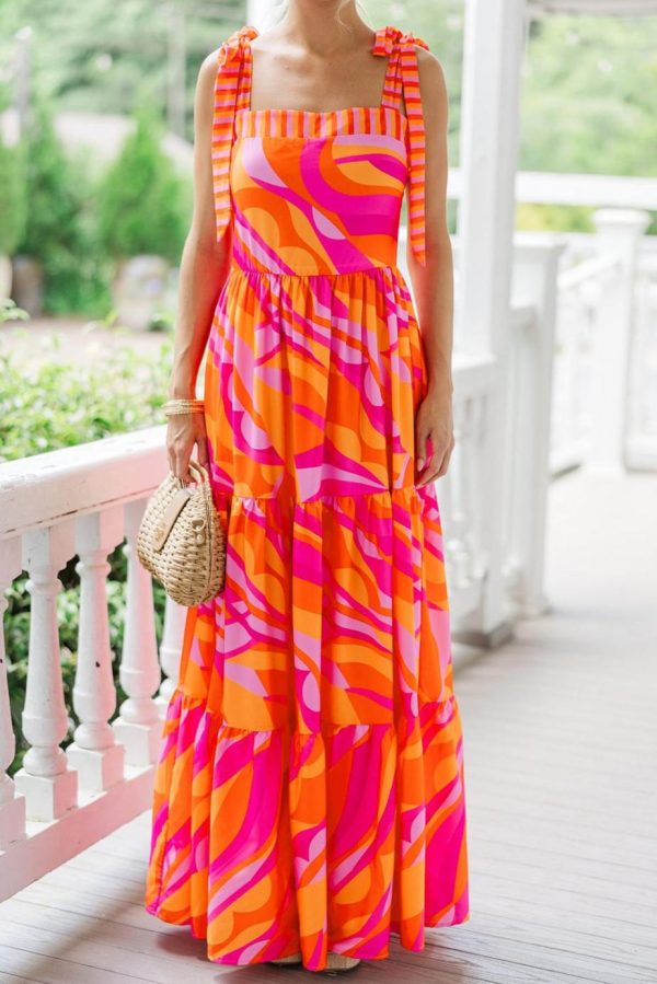 Maxi Dresses | Women Red Abstract Print Knotted Shoulder High Waist Maxi Dress