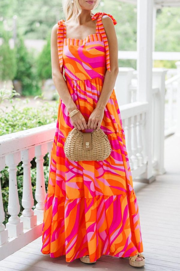 Maxi Dresses | Women Red Abstract Print Knotted Shoulder High Waist Maxi Dress - Image 2