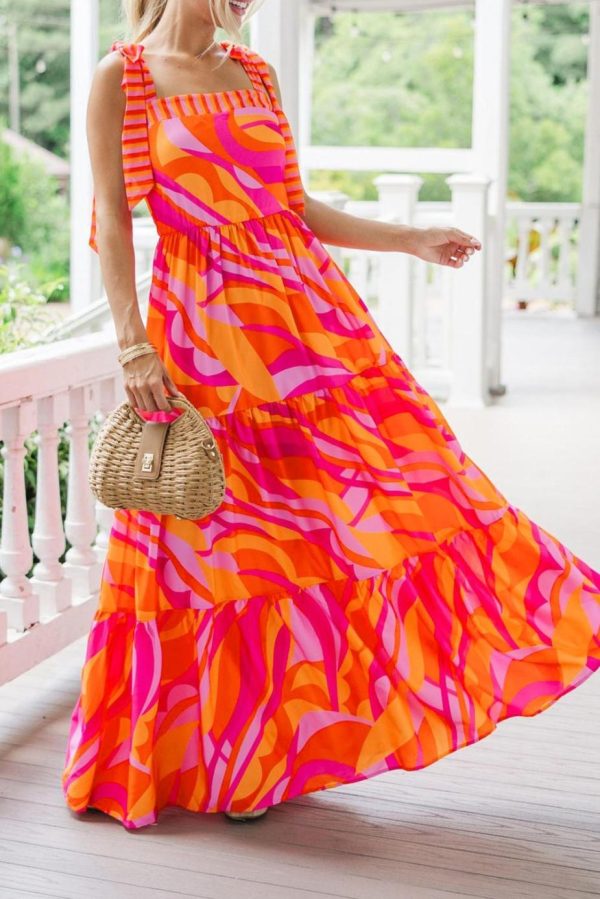 Maxi Dresses | Women Red Abstract Print Knotted Shoulder High Waist Maxi Dress - Image 3