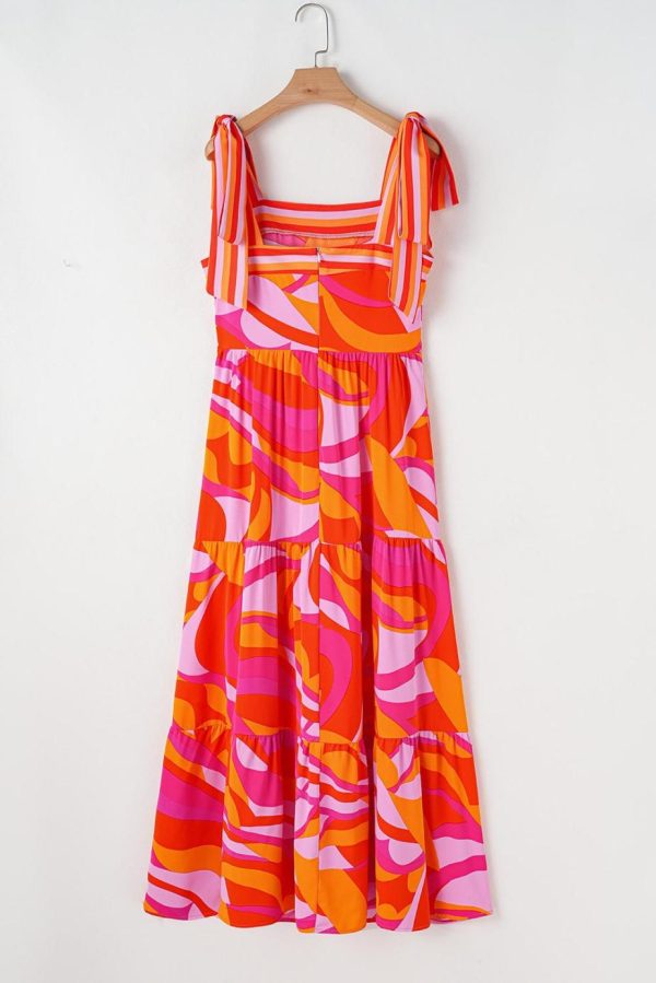 Maxi Dresses | Women Red Abstract Print Knotted Shoulder High Waist Maxi Dress - Image 5